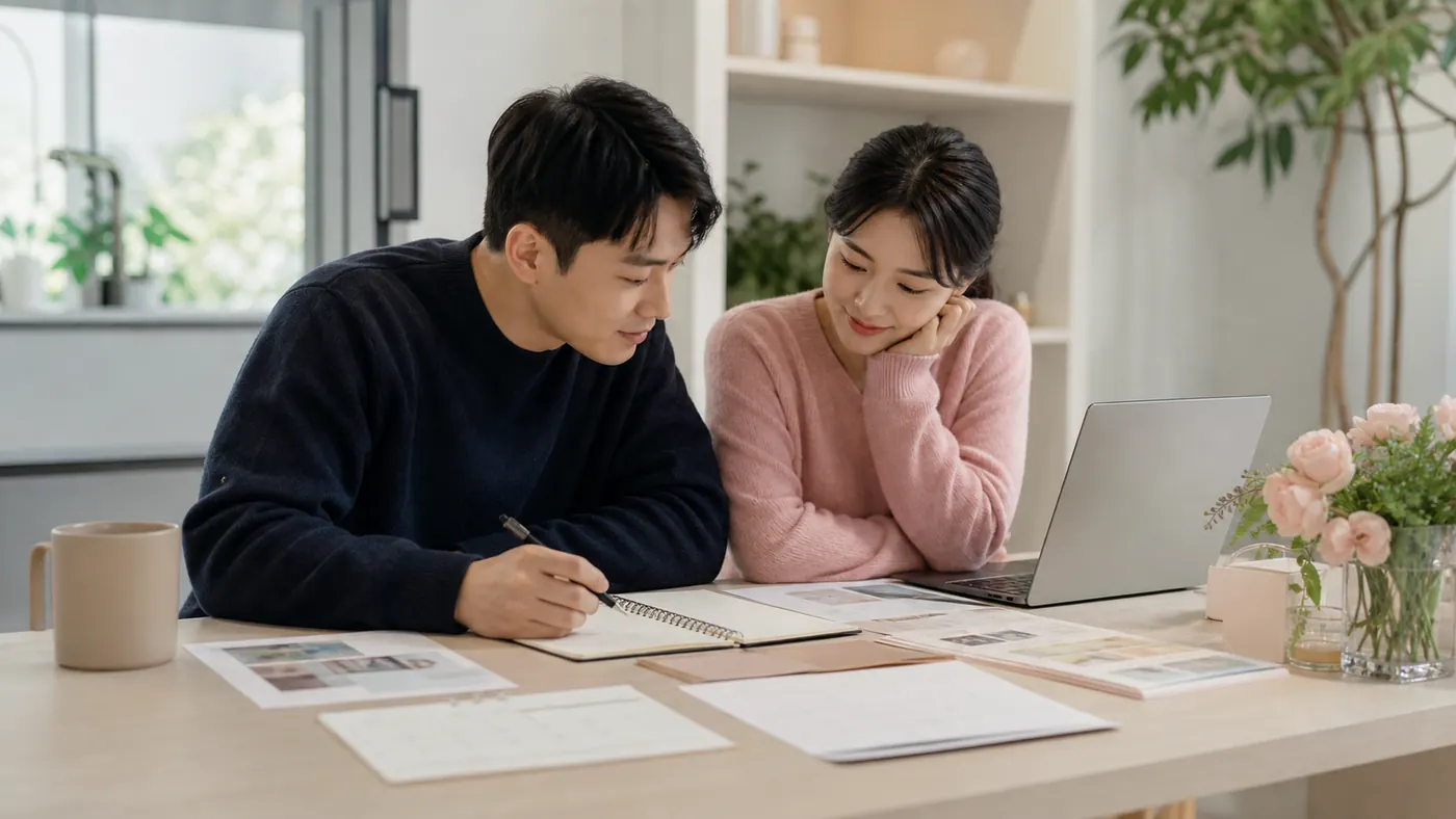 예비부부가 결혼박람회 방문 전 예산과 일정 체크리스트를 함께 정리하는 모습