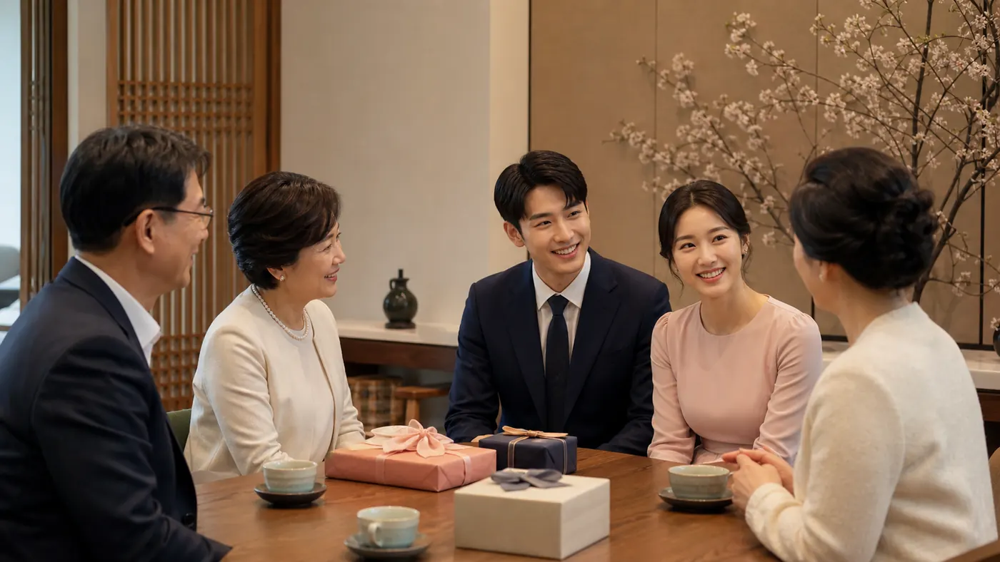 상견례 자리에서 예비부부와 양가 부모님이 예단 이야기를 차분히 나누는 모습