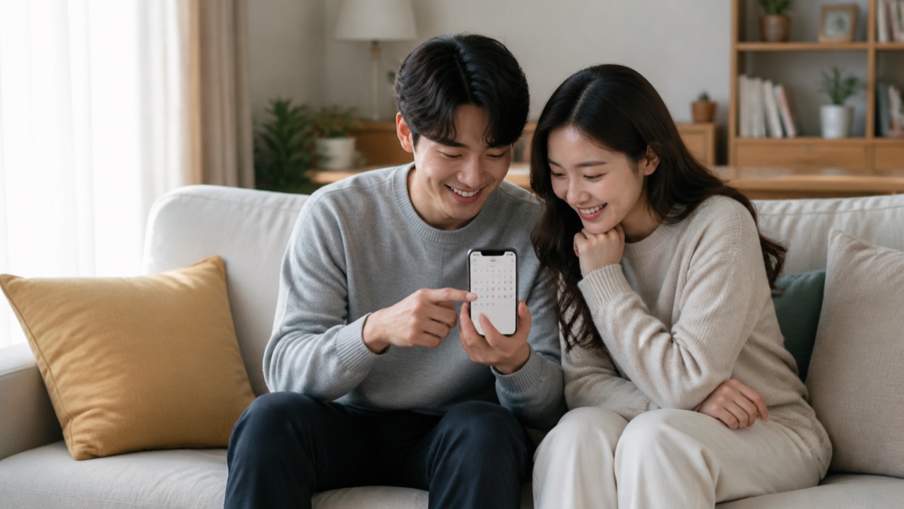 결혼을 고민하는 커플이 거실에서 일정표를 보며 웃는 모습