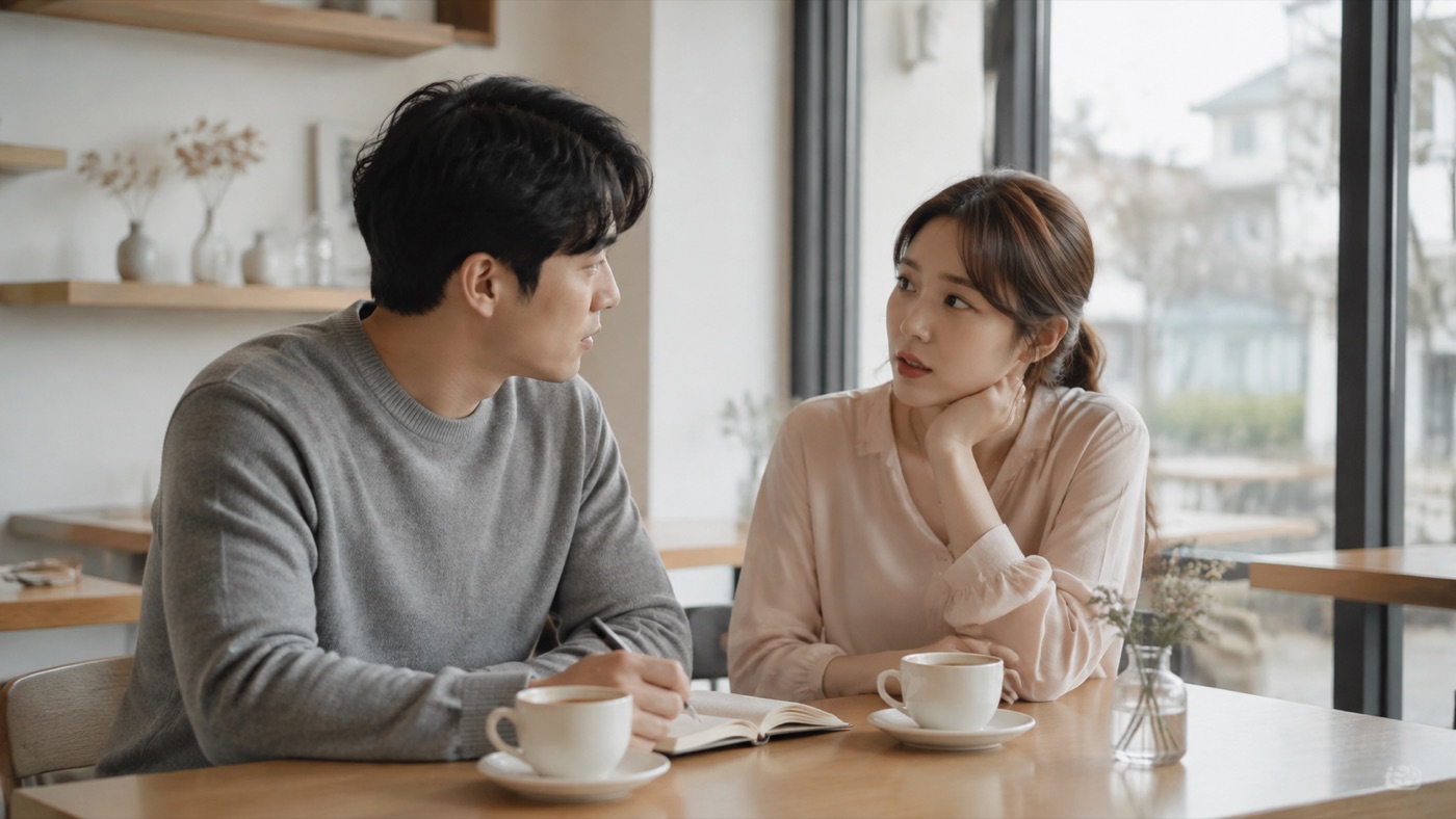 오래 만난 커플이 카페에서 결혼 확신과 결혼 준비 이야기를 차분히 나누는 모습