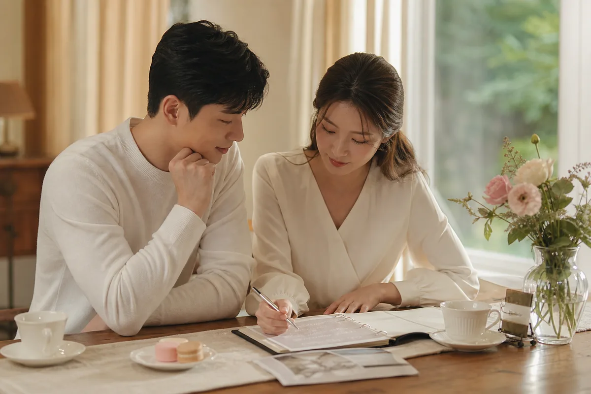 예비부부가 양가 부모님 의견을 정리하기 위해 결혼 준비 노트를 함께 보는 모습