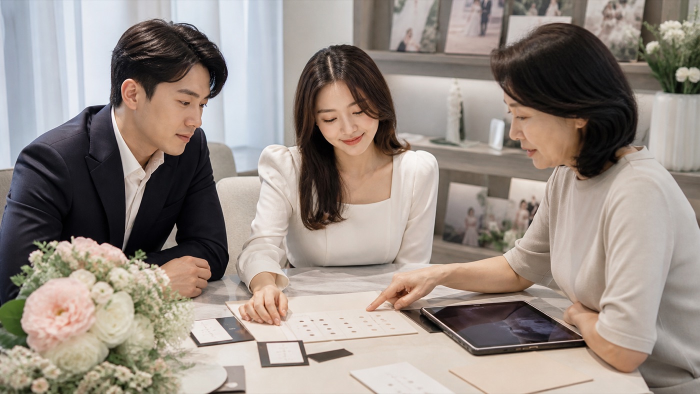 예비부부와 가족이 스몰웨딩 하객 수와 좌석 배치를 상담하는 모습