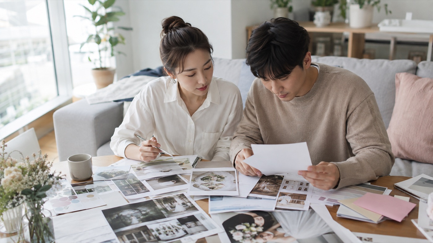 예비부부가 집에서 웨딩홀과 스드메 자료를 펼쳐두고 비교하는 모습